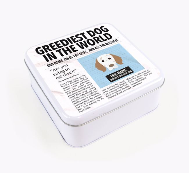 Personalised 'Greediest Dog' Newspaper Print Square Tin for your {breedFullName}